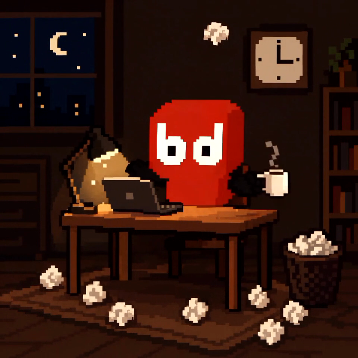 Budbud at his desk at 3am, surrounded by crumpled drafts, holding a coffee